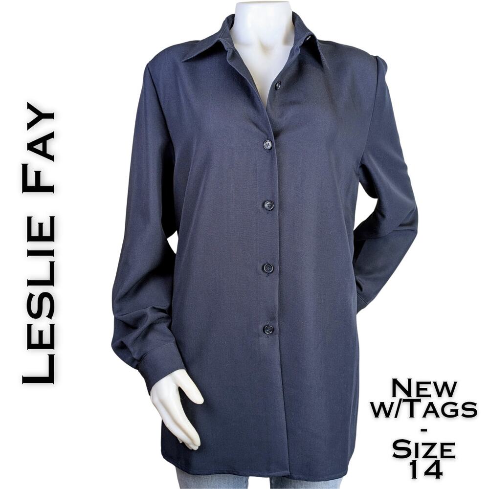 Leslie Fay Tunic Top 14 Navy Blue Button Down Long Sleeve Classic Preppy NEW